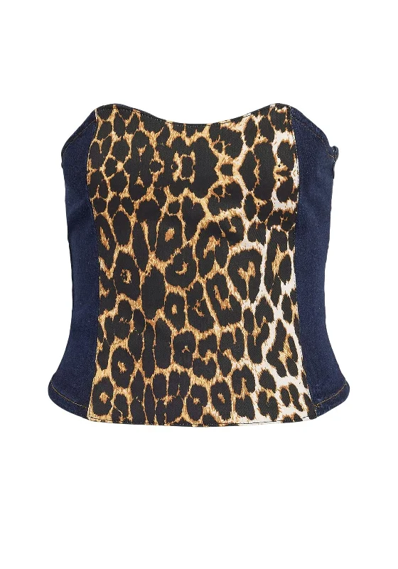 Fantastic Offers Noisy May Sure Leopard Print Denim Corset Top, Dark Blue