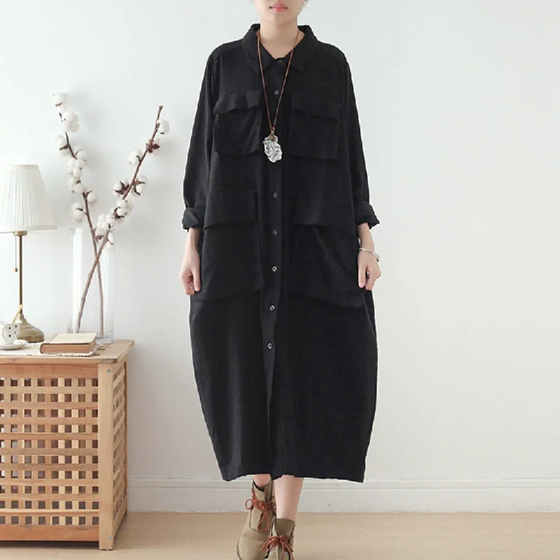 Instant Savings Women Casual Loose Pockets Lapel Shirt Dresses