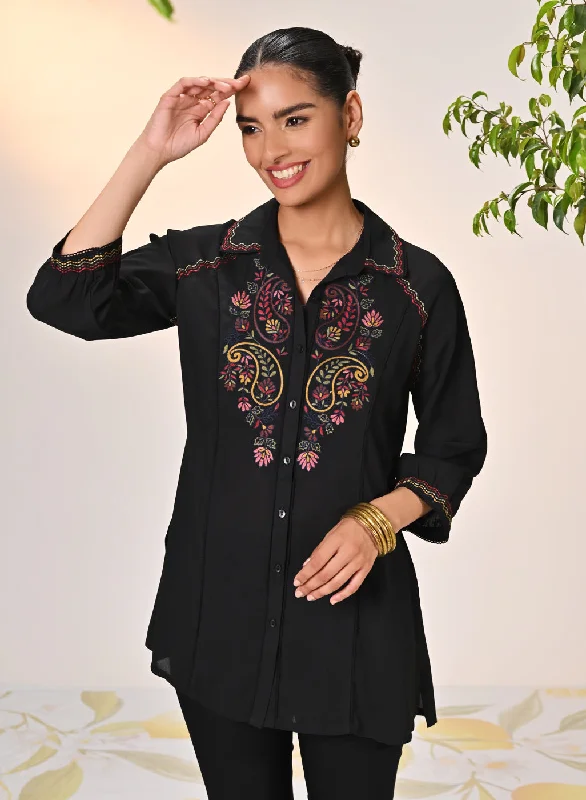 Time-Limited Offer Gul Black Embroidered Crepe Shirt for Women