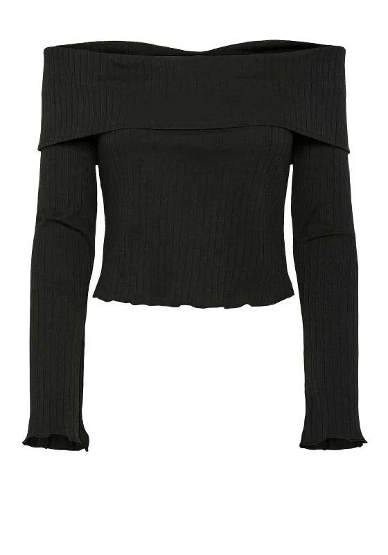 Hurry Up Pieces Jazmine Ribbed Bardot Top, Black