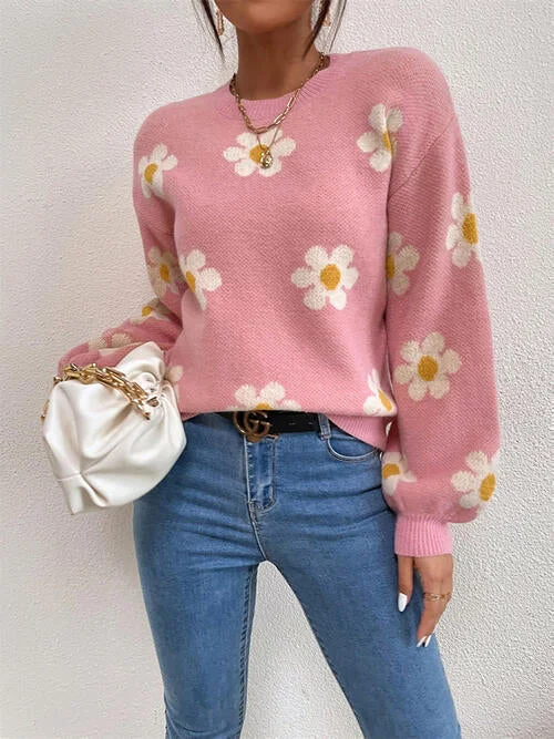 Cash Savings TastyHottie - Flower Round Neck Latern Sleeve Sweater