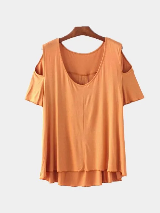 Weekend Discounts to Grab Custom V-Neck Cold Shoulder Irregular Hem Tan T-Shirts