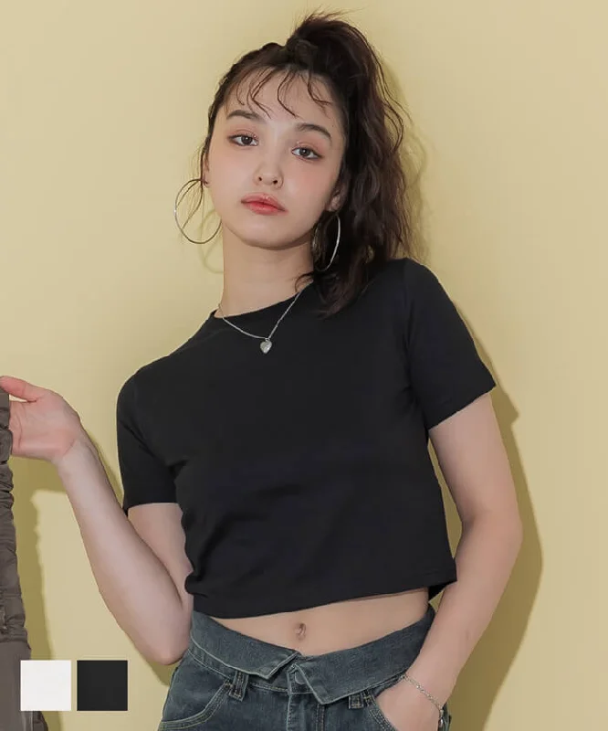 Super Bargain Tシャツ レディース カットソー ミニTシャツ クロップド丈 クルーネック 無地 薄手 半袖 伸縮性 シンプル コンパクト メール便可 24ss coca コカ