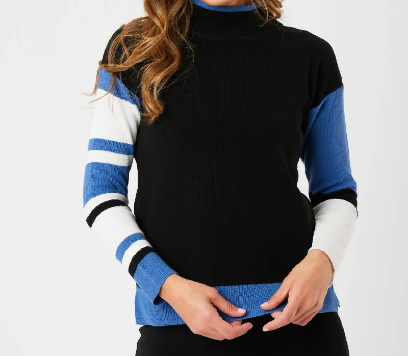 Special Offer Stripe Sleeve Mock Neck Sweater In Black/denim