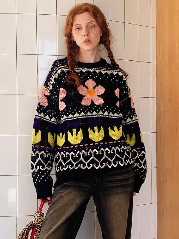 Quick Sale Floral Jacquard Round Neck Neck Long Sleeve Sweater [S0000010777]