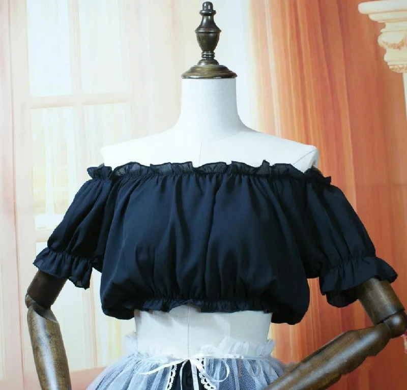 Sweet Angel~ White Black Open-shoulder Cotton Lolita Top