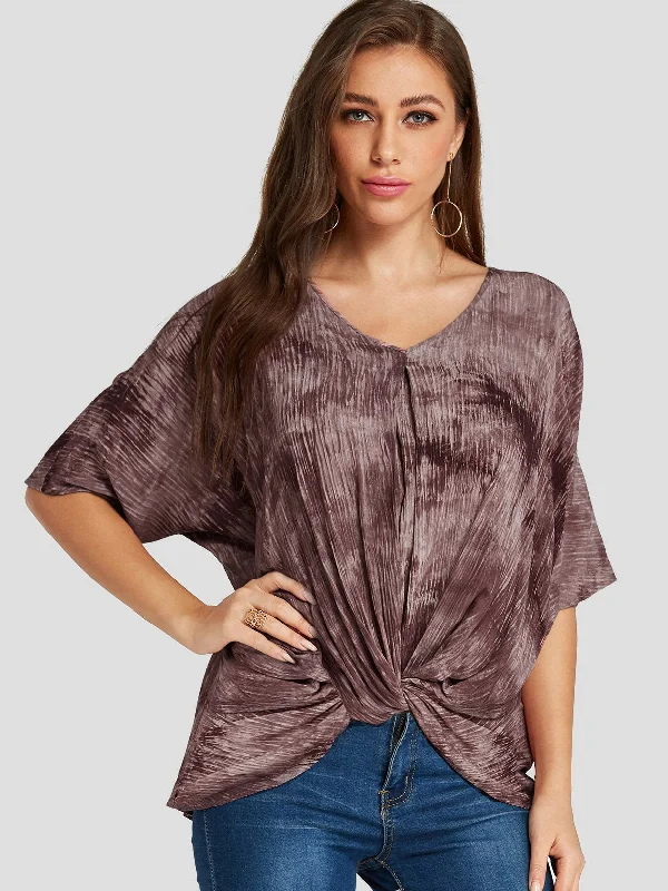 Custom V-Neck Printed Twist Half Sleeve Irregular Hem Rust T-Shirts