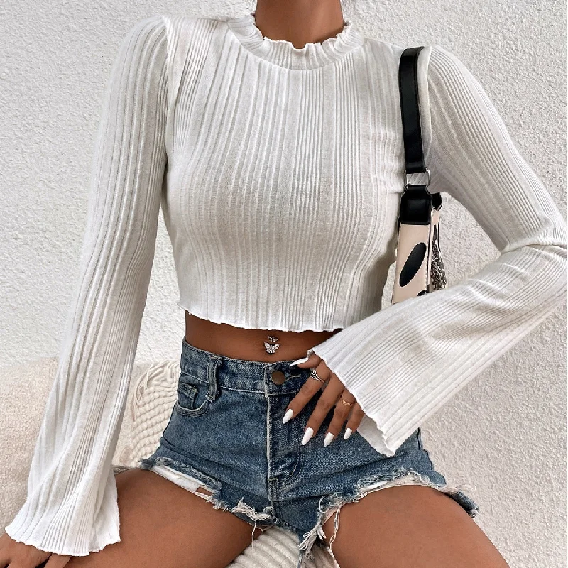Best Deals Sexy Pleated Top Slim Flared Sleeve Solid Color Wholesale Crop Tops