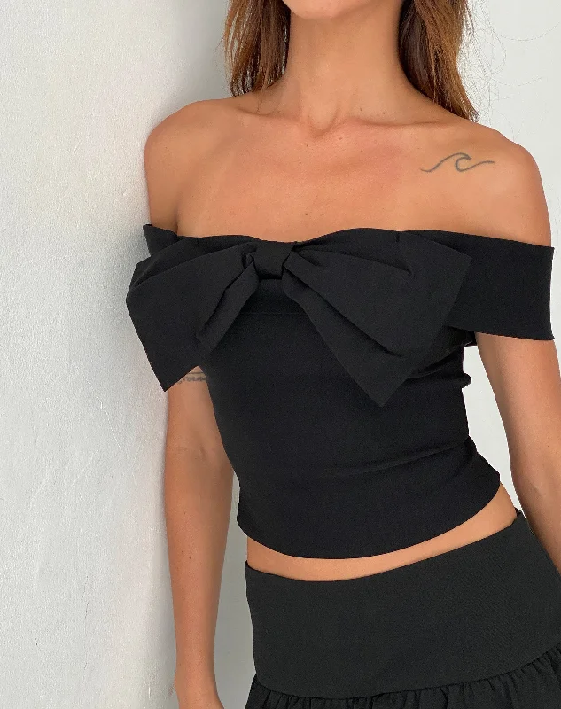 Mega Sale Naras Bow Front Bardot Top in Black Tailoring