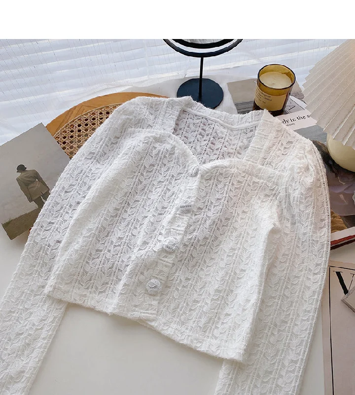 Weekend Offers That Please French small square collar lace shirt long sleeve short top fashion  6362