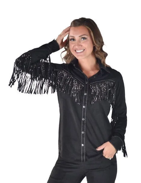 Instant Savings Cowgirl Tuff Womens Crystal Fringe Black Polyester L/S Shirt