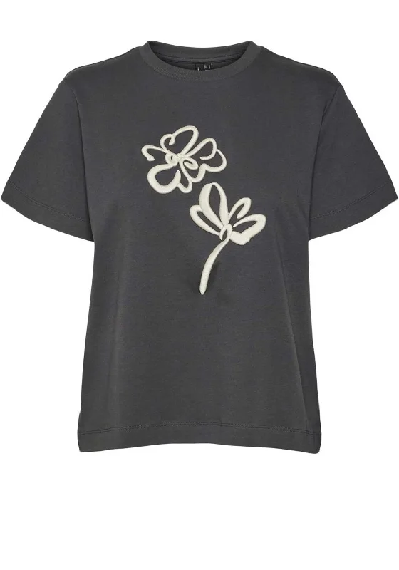 Act Fast Vero Moda Caya Flower Embroidered T Shirt, Grey