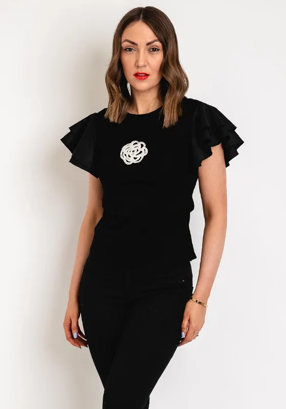 Clearance Sale Serafina Collection Beaded Flower Layered Sleeve Top, Black