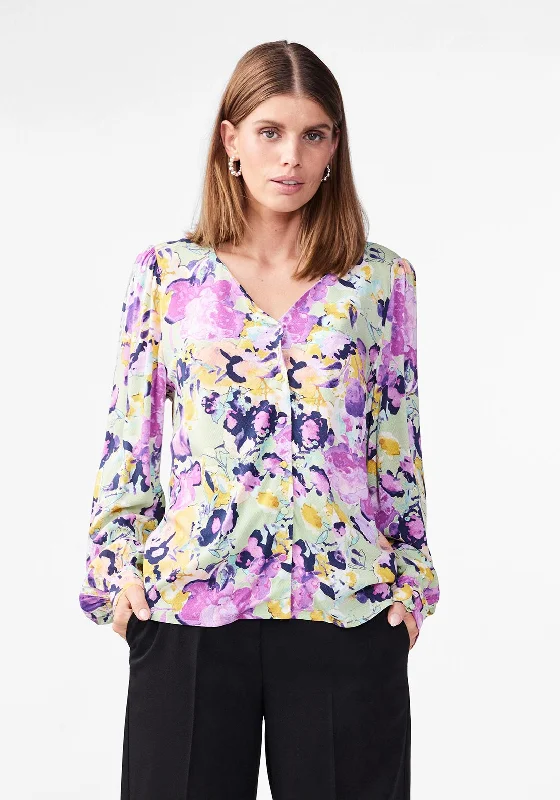 Best Seller Y.A.S Alira V-Neck Floral Blouse, Quiet Green