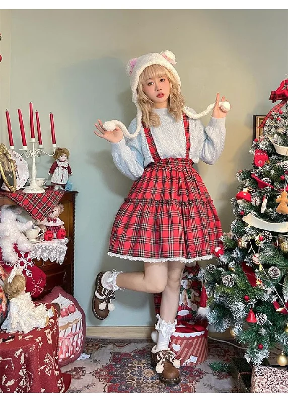 (BFM)Labeau~Christmas Vintage Lolita Skirts Doll Collar Blouse Plaid Skirt Set