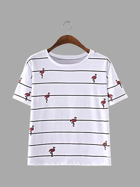 Wholesale Stripe & Animal Pattern Round Neck T-shirt