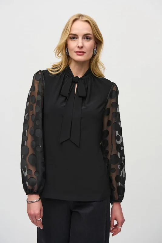Can't Miss Joseph Ribkoff Black Pussy Bow Polka Dot Mesh Puff Sleeve Top 244019