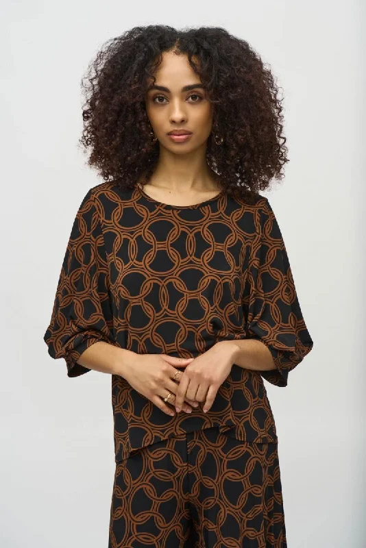 Joseph Ribkoff Black/Chestnut Chain Print Puff Sleeve Top 244080