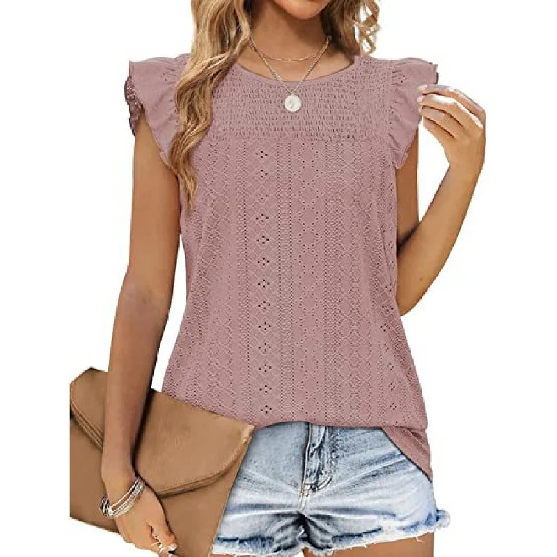 Stock Up Flying Sleeves Pleated Round Neck Tank Top Wholesale Womens Tops
