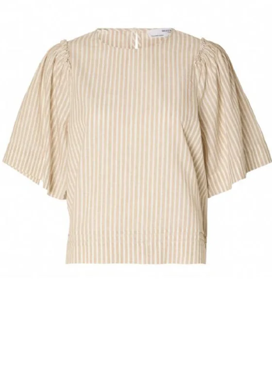Can't Miss Selected Femme Hillie Striped Linen Top, Hummus
