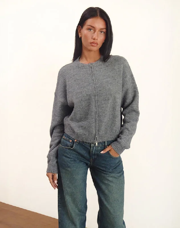 Online Only Maira Zip Through Jacket in Knit Grey