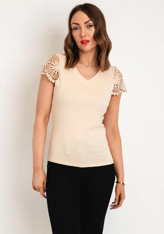 New Arrival Serafina Collection Rhinestone Crochet Sleeve Top, Beige