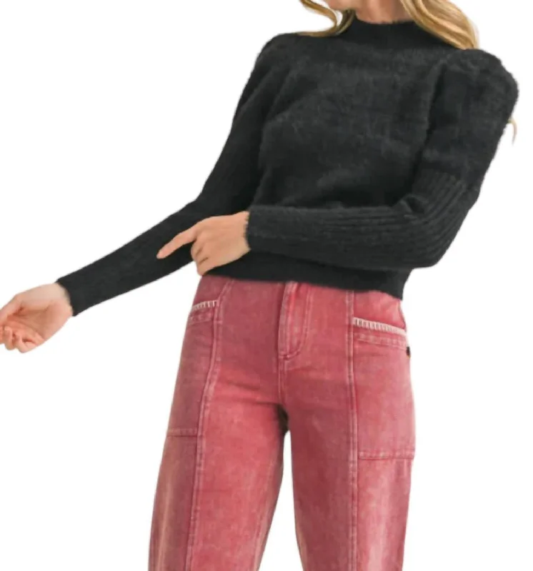 Weekend Discounts to Relish Mock Neck Puff Shoulder Mohair Sweater In Black