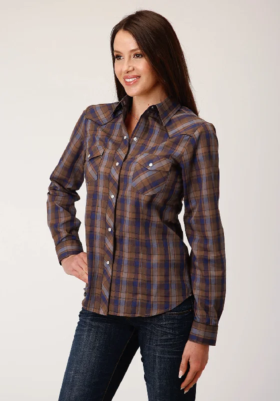 Savings Galore Roper Womens Camel Brown Plaid Blue Cotton Blend L/S Shirt