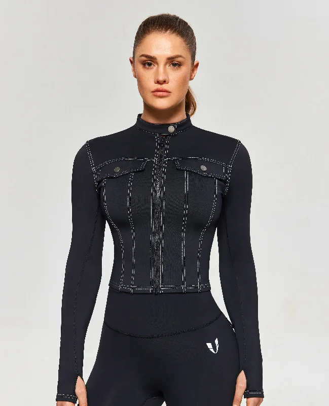 Flash Sale Contrast Stitching Moto Jacket - Black