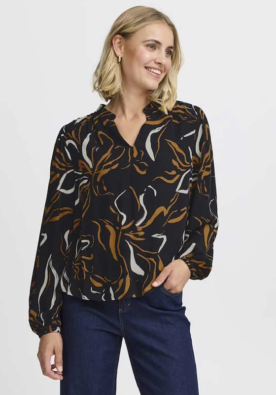 Special Buy Fransa Oline Printed V Neck Blouse, Black