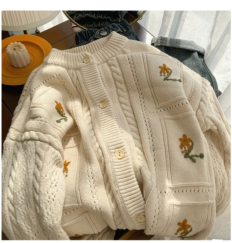 YEAR-End Sale embroidered round neck sweater jacket for women soft knitted cardigan     S4807