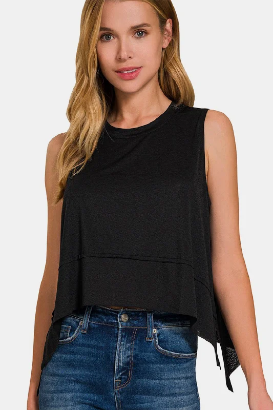 Stock Clearance Zenana Exposed Seam Slit Round Neck Tank