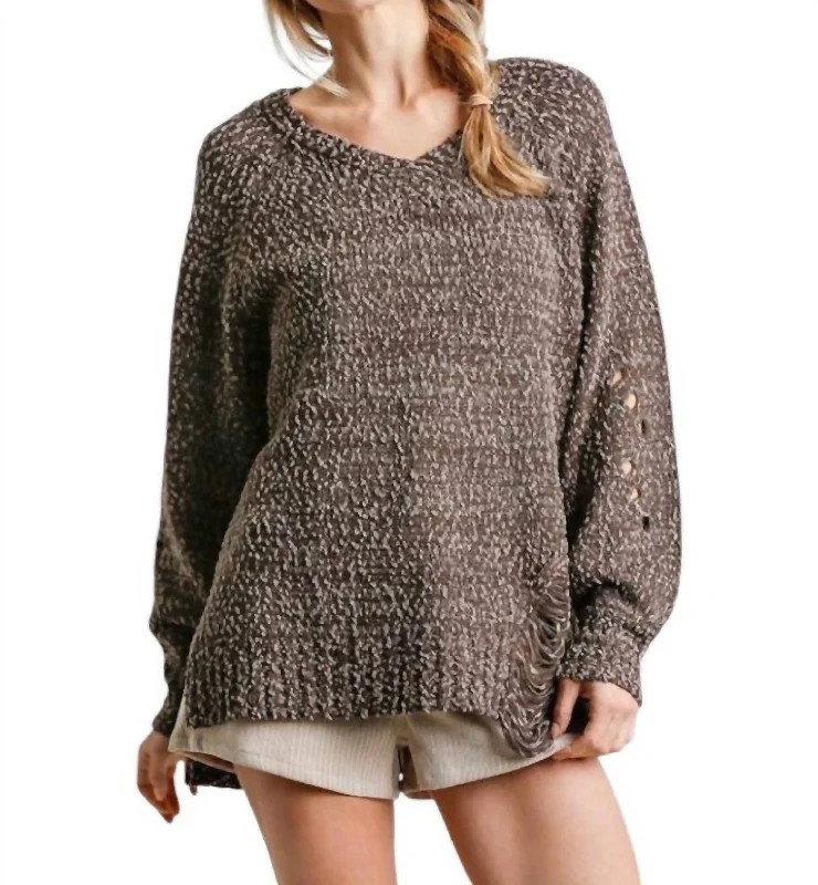 Clearance Items V-Neck Distressed Knit Sweater In Ash Brown