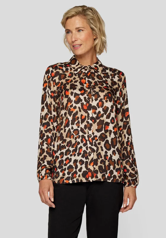 Discount Extravaganza Rabe Leopard Print Button Up Blouse, Brown and Red