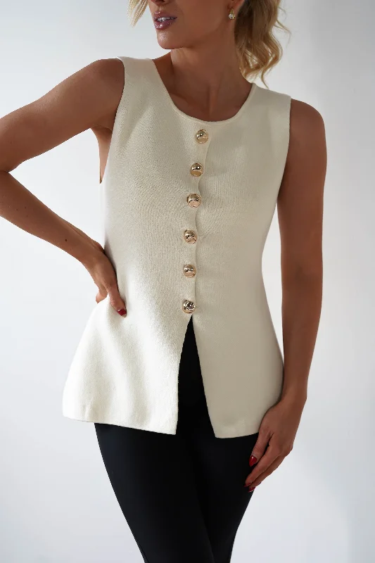 Louella Gold Button Waistcoat Top | Cream