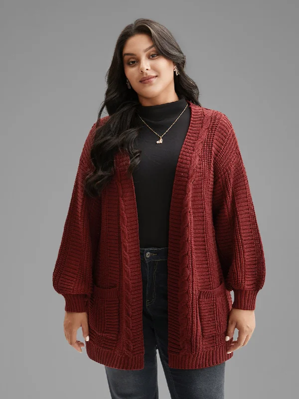 Cable Knit Ribbed Detailing Open Front Cardigan