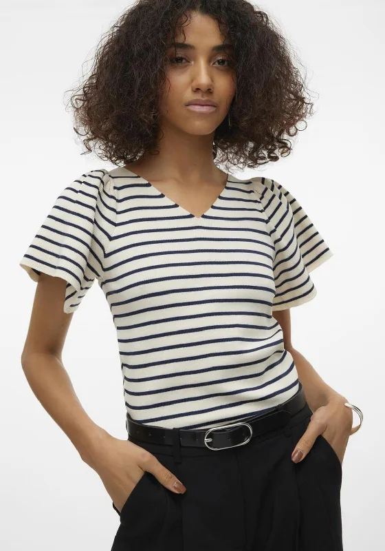 Final Markdown Vero Moda Ginny Striped V Neck Top, Navy Blazer