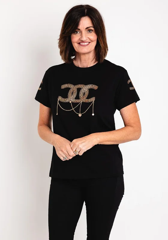 Overstock Clearance Serafina Collection Rhinestone Chain Detail T-Shirt, Black