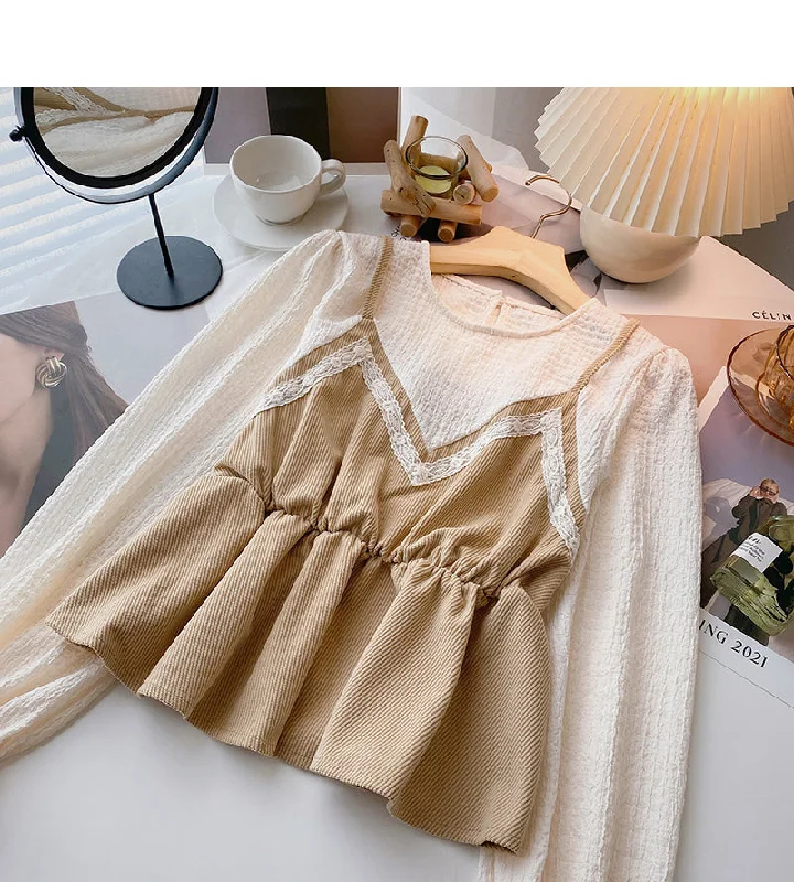 Super Deal Vintage shirt with thin waist stitching fake two tops  6387