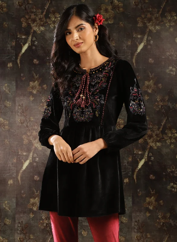 Year-End Clearance Black Velvet Tunic with Threadwork and Tassels