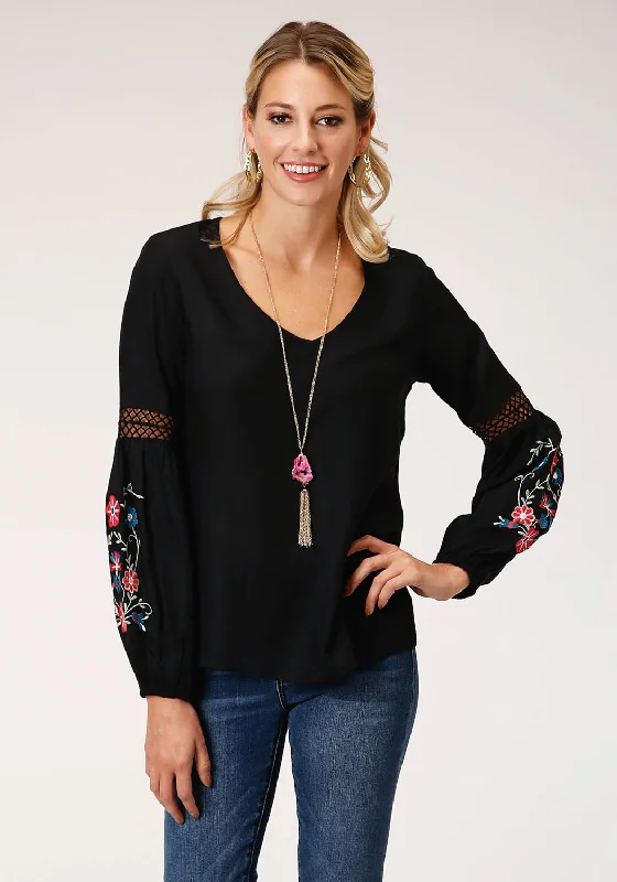 New Deals Roper Womens Floral Challis Black 100% Rayon L/S Blouse