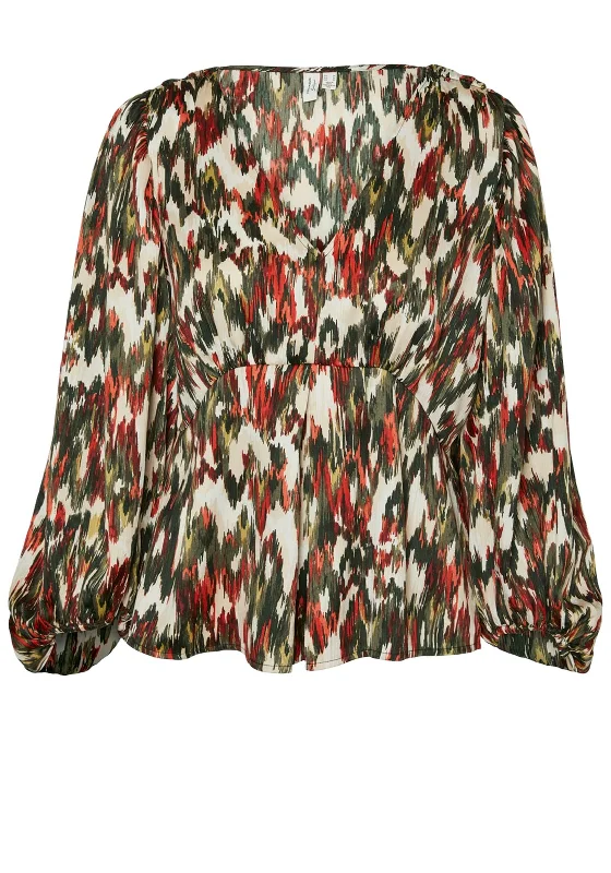 Deal Dash Vero Moda Mina Abstract Print Peplum Blouse, Green Multi
