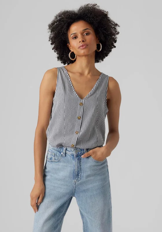 Year-End Deals Vero Moda Bumpy Stripe V Neck Top, India Ink & Snow White