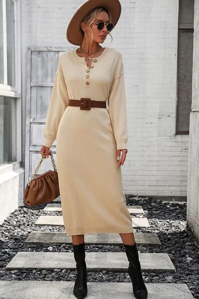 Time-Limited Offer Decorative Button Notched Dropped Shoulder Sweater Dress