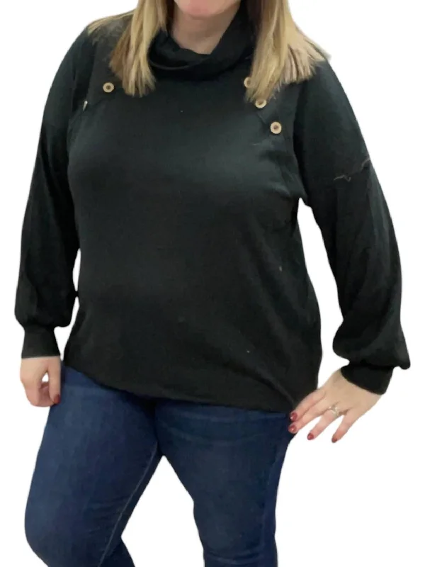Take Action Cowlneck Faux Button Sweater In Black