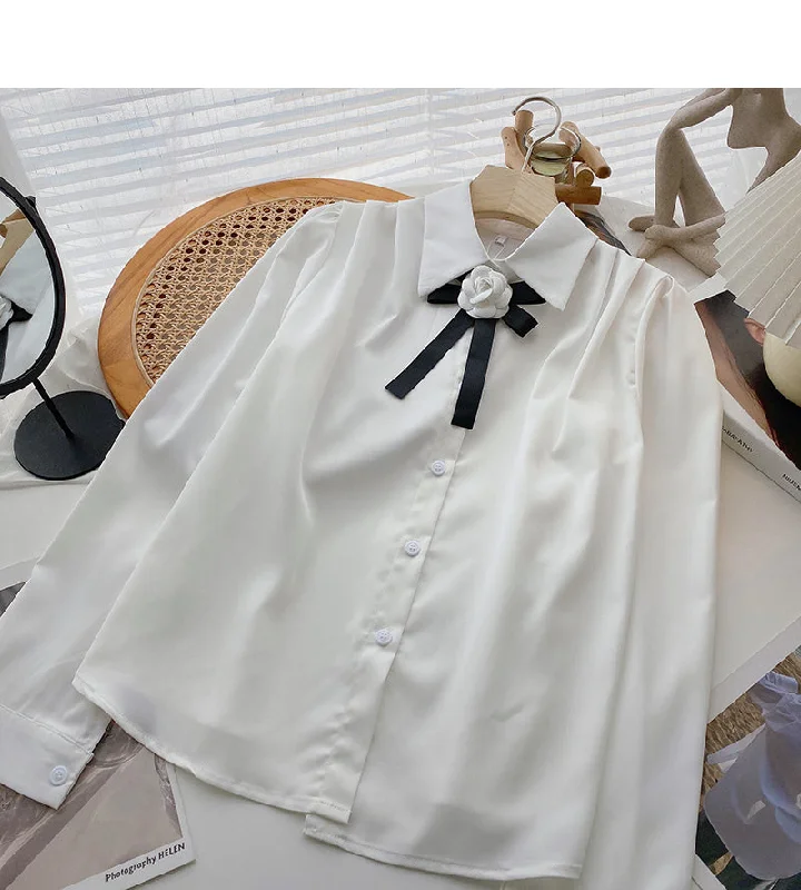 Weekend Special Korean basic solid color retro floret bow shirt  6433