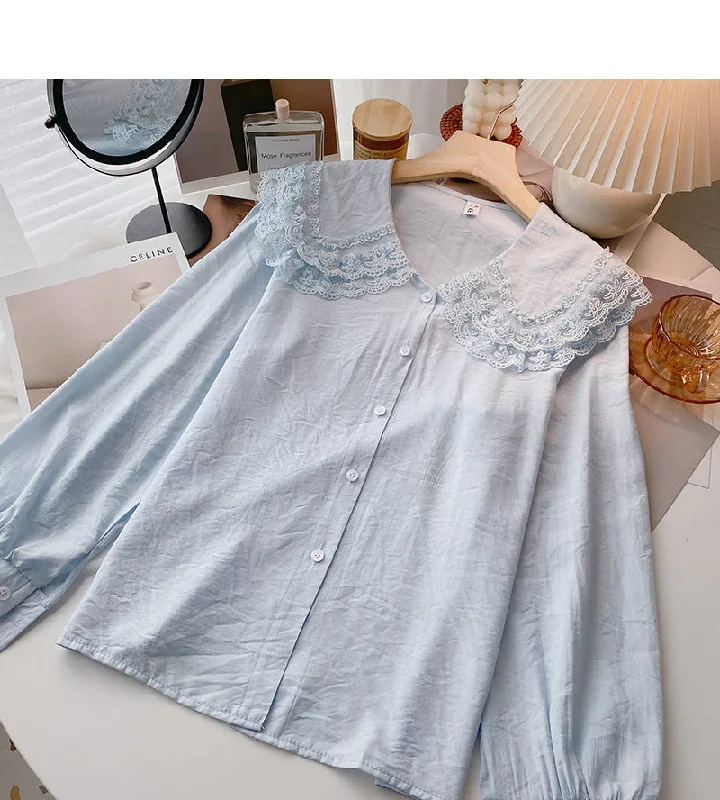 Buy More, Save More Baby collar lace edge solid color shirt slim long sleeve top  6385