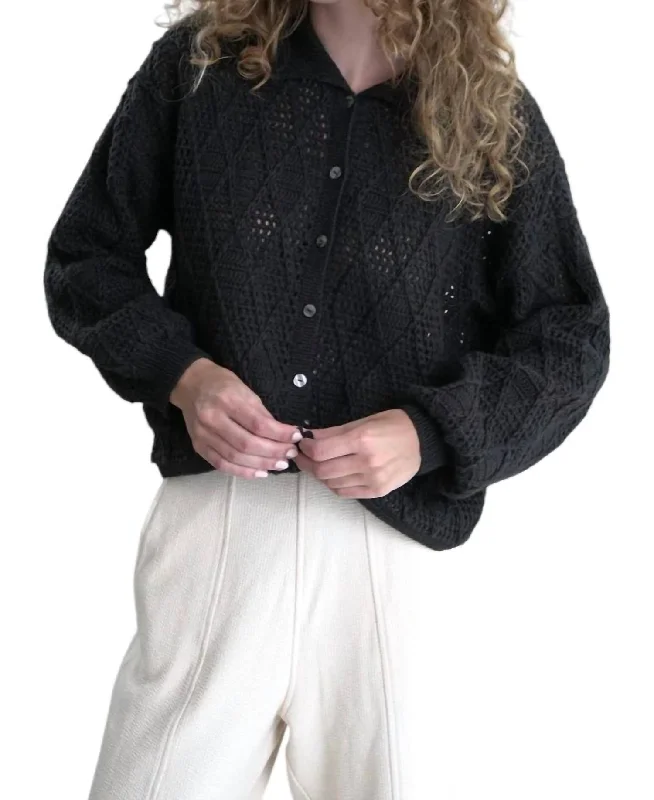 Closeout Argyle Polo Cardigan In Black