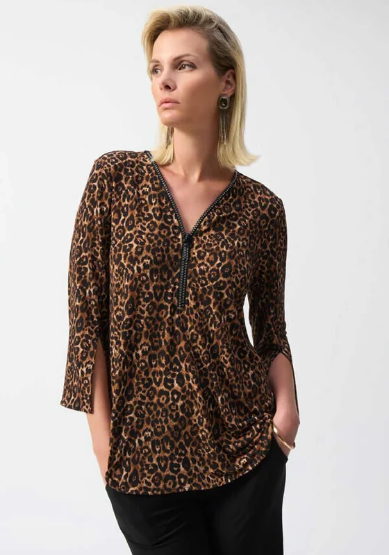 Limited Time Joseph Ribkoff Leopard Zip V Neck Top, Brown