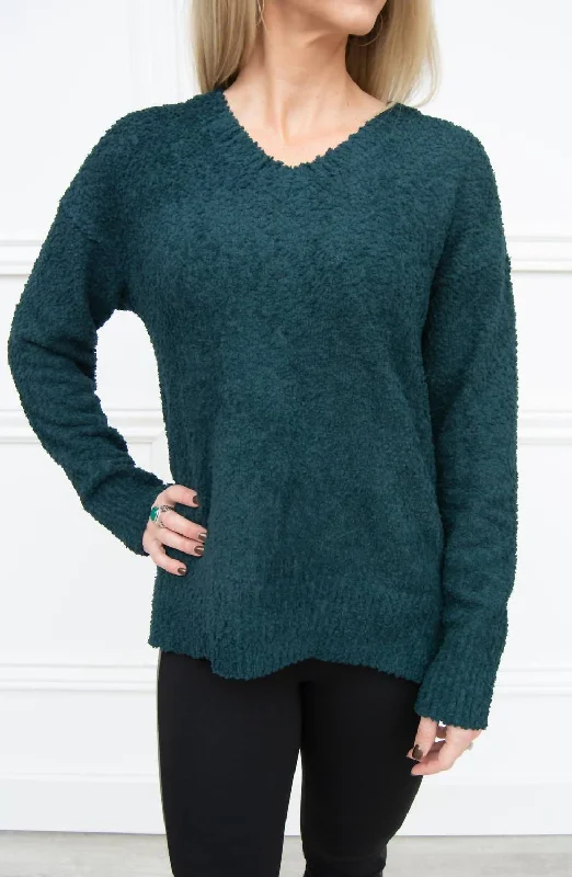 Final Clearance V-Neck Teddy Sweater In Jade